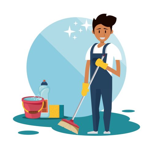 Cleaner smiling and working with cleaning product in home scenery vector illustration